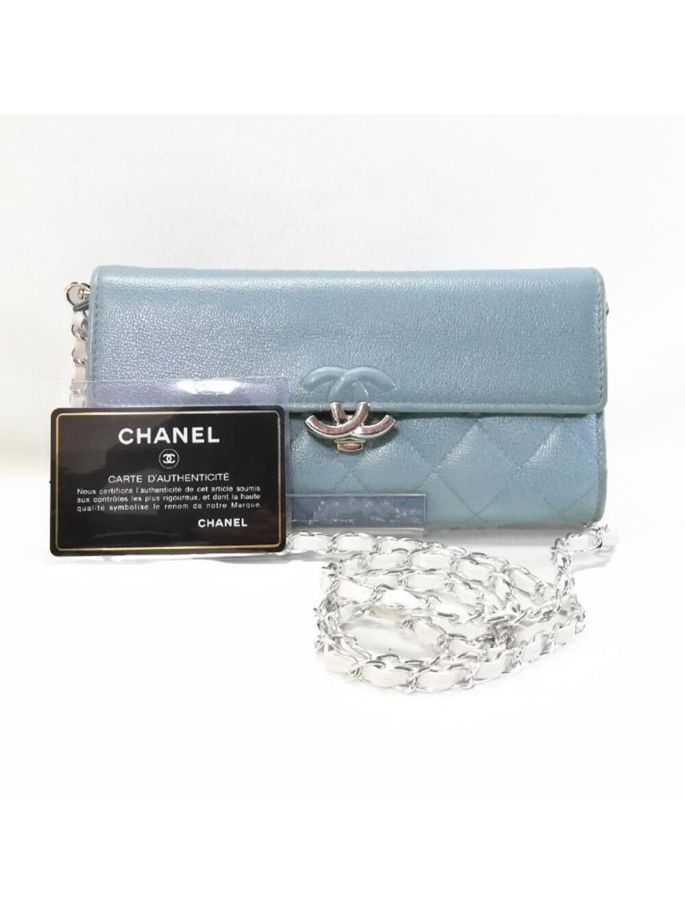 Chanel Caviar Quilted Wallet Light Blue Silver